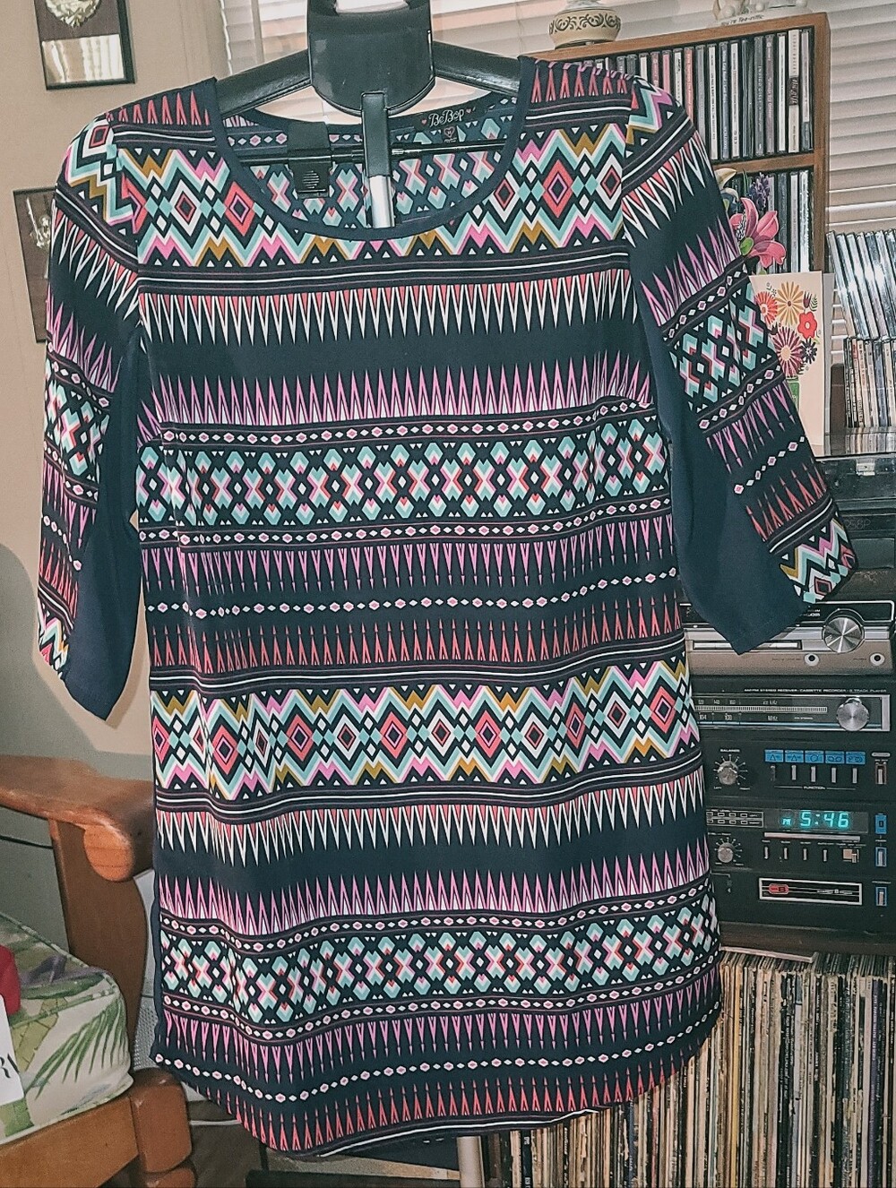 BeBop Navy Blue Aztec Geometric Tribal Chevron Print 3/4 Sleeve Shift Dress M